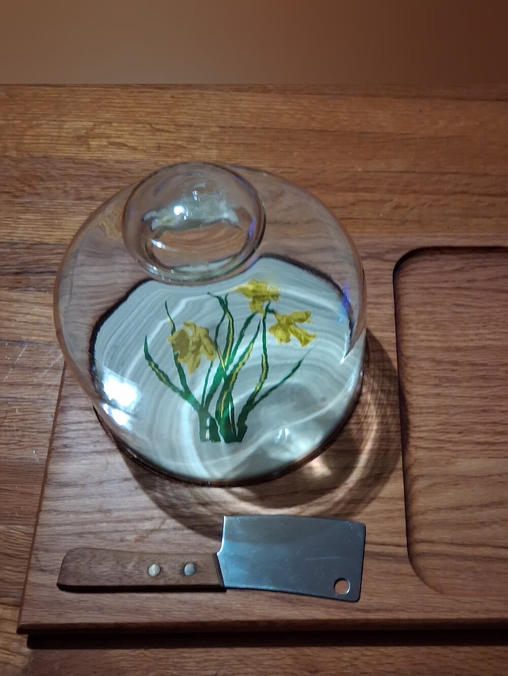 Vintage Wooden Party Server With Ceramic Plate, Glass Cover, And Cleaver Slicer